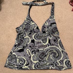 𝅺CONVERSE Black and Yellow Paisley Bikini Top.  Size Large